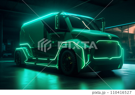 Futuristic green EV truck. Car of the future. Electric car in green neon color. 110416527