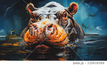Oil painting portrait of an adult hippopotamus 110416568