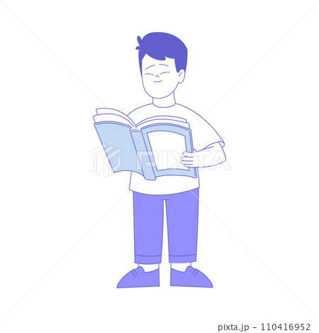Smiling Boy First Grader Standing with Open Book Vector Illustration 110416952