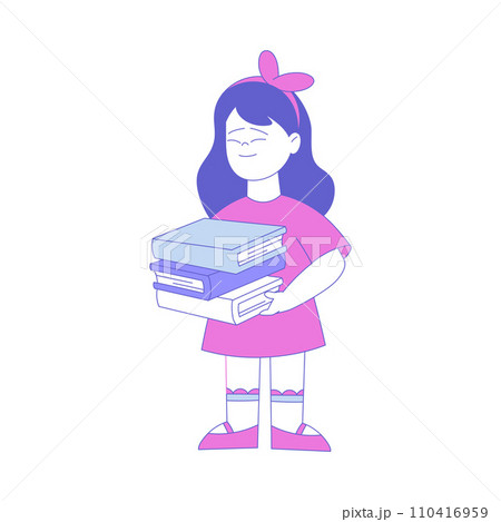 Smiling Girl First Grader Standing Holding Books Vector Illustration 110416959