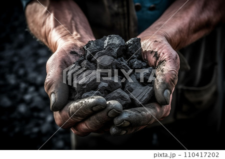 Coal mining in mine. Coal in hands of miner worker. Metallurgical coal for steel.  110417202