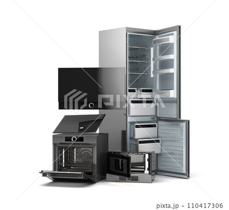 Modern open built in kitchen appliances set 3d render on white 110417306