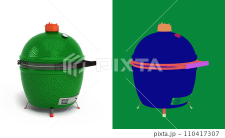 Small barbecue green color BBQ grill  for outdoor prepare meat food 3d render on white with alpha 110417307