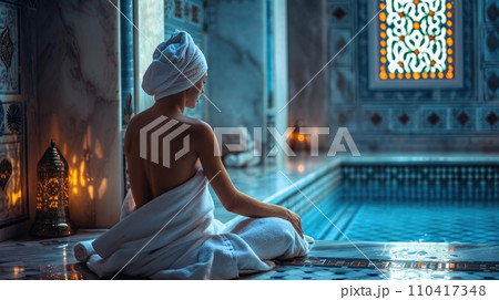 Woman sitting on a hot stone in hamam, sauna 110417348
