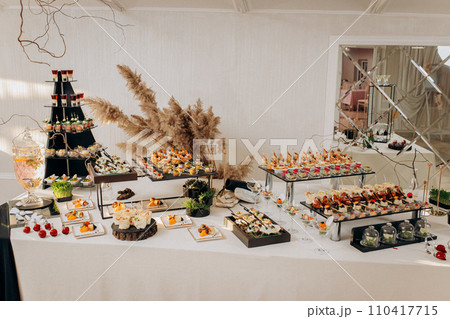 Assortment of delicious snacks on the open buffet festive table in restaurant. Catering plate Assortment of delicious snacks on the open buffet festive table in restaurant. Catering plate 110417715