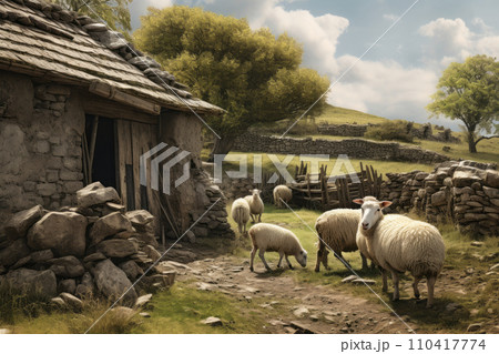 Sheep graze near the sheepfold Sheep graze near the sheepfold 110417774