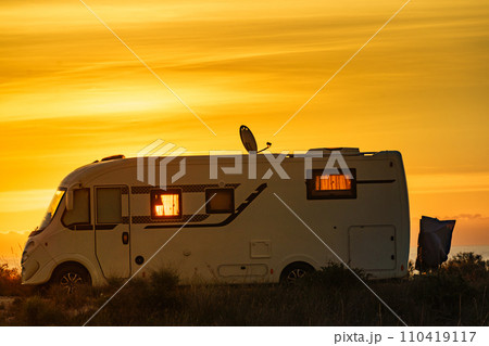 Caravan on nature in the morning at sunrise 110419117