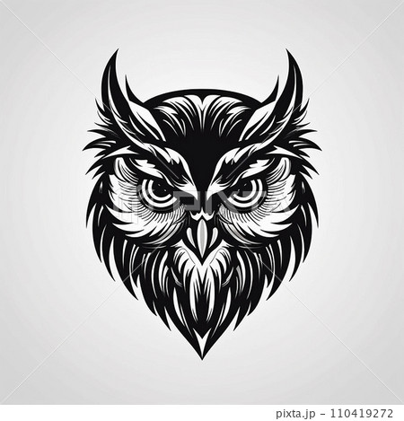 Angry predatory owl, logo, monochrome drawing, bird Icon, owl symbol, angry bird portrait, predator pictogram, for laser engraving Angry predatory owl, logo, monochrome drawing, bird Icon, owl symbol, angry bird portrait, predator pictogram, for laser engraving 110419272