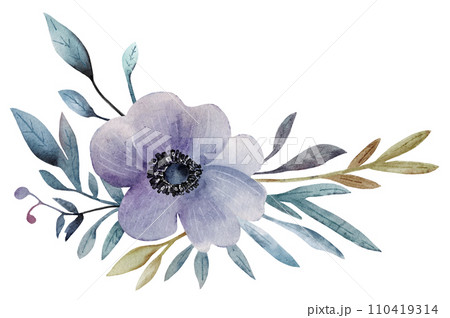 Watercolor blue anemone floral bouquet with green leaves, hand painted . 110419314