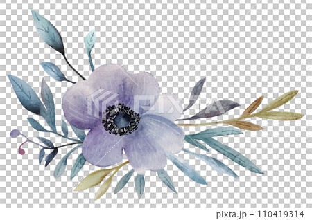 Watercolor blue anemone floral bouquet with green leaves, hand painted . 110419314