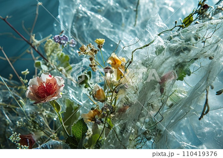 Flowers and plants within a mesh of plastic waste, illustrating the confinement and degradation caused by plastic pollution Flowers and plants within a mesh of plastic waste, illustrating the confinement and degradation caused by plastic pollution 110419376