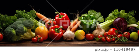 Panoramic wide organic healthy food background. Healthy vegan vegetarian food vegetables and fruits, copy space, banner. Food supermarket and clean vegan eating concept. 110419497