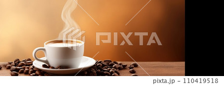 Cup of hot coffee with coffee beans on brown background.Long photo banner for website header design with copy space. Cafe menu concept idea background. 110419518