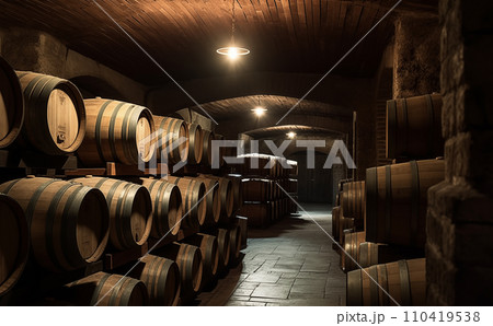 Wine barrels in a wine cellar. Oak Wine Barrels in winemaking and Winery Barrel room. 110419538