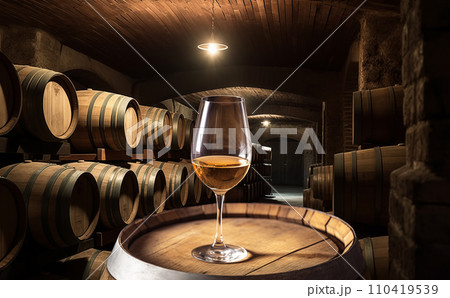Wine Glass with Chardonnay Grapevine tasting. Vini Degustation in wine cellar with Wine barrels. 110419539