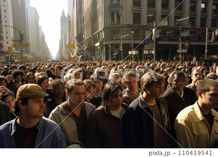 Protest rally in World crisis. Crowds of unemployed people on street during rally. 110419541