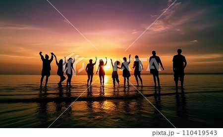 Bitch barty. Silhouette of group of people at sunset on beach party. 110419543