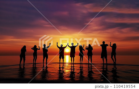 Bitch barty. Silhouette of group of people at sunset on beach party.  110419554