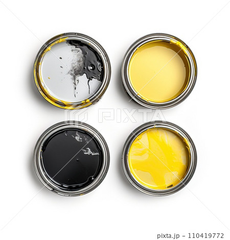 Open metal cans with yellow and black paint on top, isolated on a white background. Open metal cans with yellow and black paint on top, isolated on a white background. 110419772