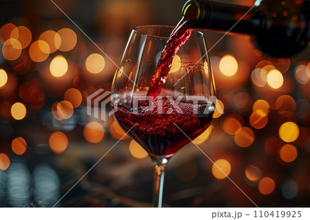 AI-generated content. pouring red wine from bottle into glass bokeh background 110419925
