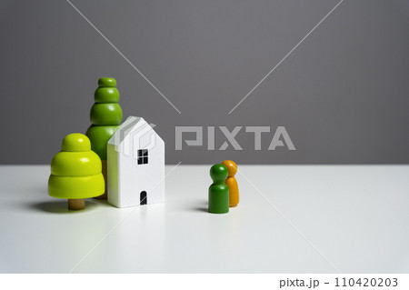 Wooden figures of houses and people. Buying and selling real estate. Housing prices. Finding the best home to buy. 110420203
