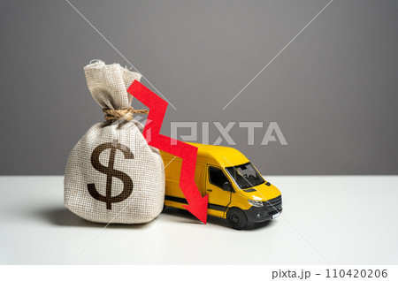 Delivery van and dollar money bag with red arrow down. Decreased profits from delivering online orders. Transport industry. Trade and sale of goods. Low customer spending for online shopping. 110420206