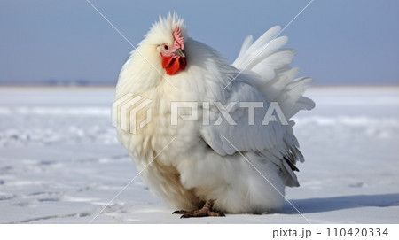 AI-generated content. A white chicken standing in the snow with a red beak, AI 110420334