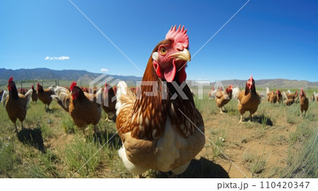 AI-generated content. A group of a flock of chickens standing in the grass, AI AI-generated content. A group of a flock of chickens standing in the grass, AI 110420347