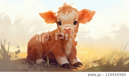 AI-generated content. A painting of a small brown cow sitting in the grass, AI AI-generated content. A painting of a small brown cow sitting in the grass, AI 110420360