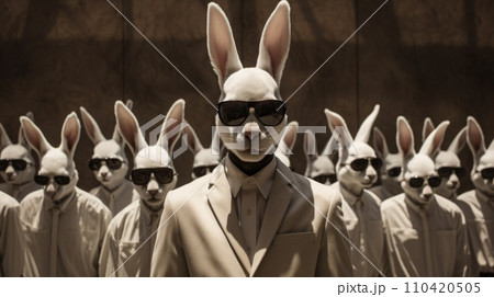 AI-generated content. A group of people dressed in white rabbit suits with sunglasses, AI AI-generated content. A group of people dressed in white rabbit suits with sunglasses, AI 110420505