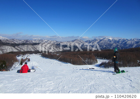 快晴の空の下、ハンターマウンテン塩原のゲレンデと山々を望む(日本 栃木県那須塩原市) 快晴の空の下、ハンターマウンテン塩原のゲレンデと山々を望む(日本 栃木県那須塩原市) 110420620
