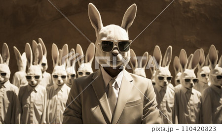 AI-generated content. A man in a suit and tie with rabbit ears, standing next to many other rabbits, AI 110420823