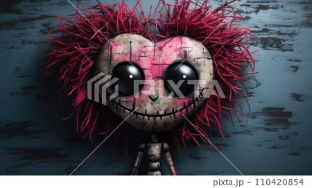 AI-generated content. A creepy looking doll with a heart shaped head and red hair, AI 110420854