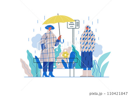 Mutual Support: Offer an umbrella to a stranger -modern flat vector concept illustration of a at a bus stop in the rain offering an umbrella A metaphor of voluntary, collaborative exchanges 110421847