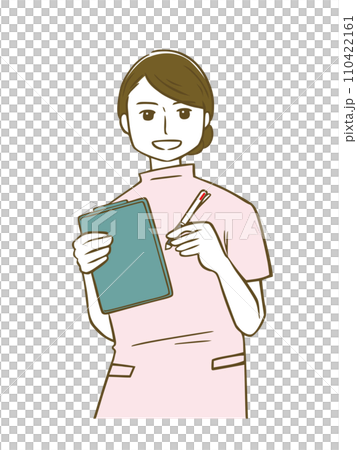 A female nurse in a pink nurse uniform taking notes on a clipboard 110422161