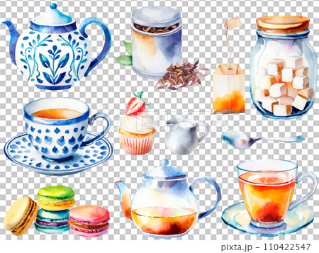 Tea break watercolor illustration set Tea break watercolor illustration set 110422547