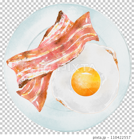 早餐盤 Tamedamayaki 和培根放在盤子裡 早餐盤 Tamedamayaki 和培根放在盤子裡 110422557
