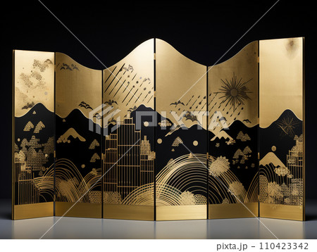 浮世絵風　金屏風　イラスト 110423342