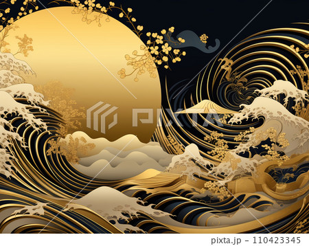 浮世絵風 金屏風 イラスト 浮世絵風 金屏風 イラスト 110423345