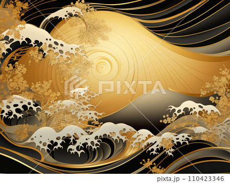 浮世絵風 金屏風 イラスト 浮世絵風 金屏風 イラスト 110423346