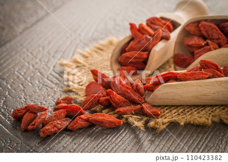 Goji berries on a wooden spoons 110423382