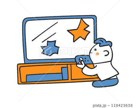 大きいテレビでテレビゲームを楽しむ僕　イラスト素材 110423638