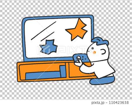 大きいテレビでテレビゲームを楽しむ僕　イラスト素材 110423638