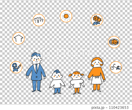 僕の家族を紹介します　両親ときょうだいがいます　仲良しです　セット　イラスト素材		 110423653