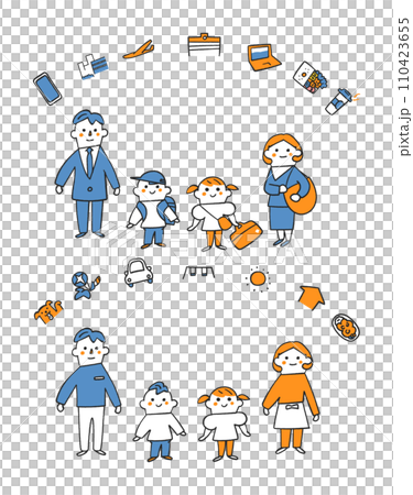 我想介紹一下我的家人。我有父母和兄弟姐妹。我們是好朋友。設定插圖素材 110423655