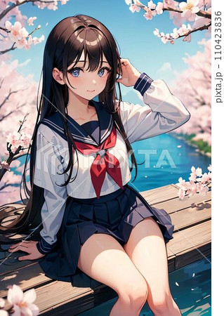 桜舞う春の女子高生　「AI生成画像」 110423836