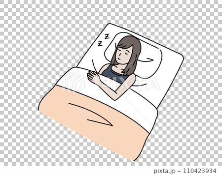 Illustration of a young woman going to bed and sleeping on a futon Illustration of a young woman going to bed and sleeping on a futon 110423934