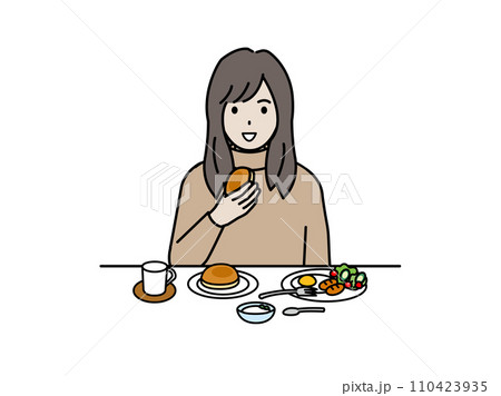 朝食を食べる若い女性のイラスト 朝食を食べる若い女性のイラスト 110423935