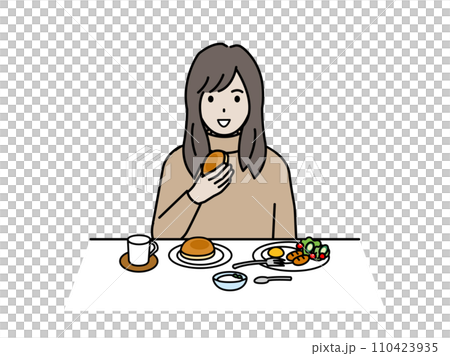 Illustration of a young woman eating breakfast Illustration of a young woman eating breakfast 110423935