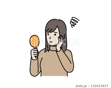 手鏡を見て困る表情をした若い女性のイラスト 110423937